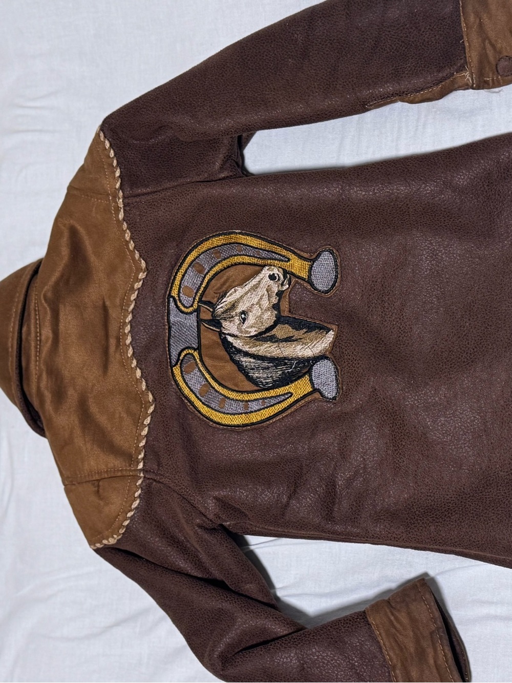 vintage 70s Kids Leather Western Jacket Sherpa Horse Horseshoe Rodeo Brown 8 VNT